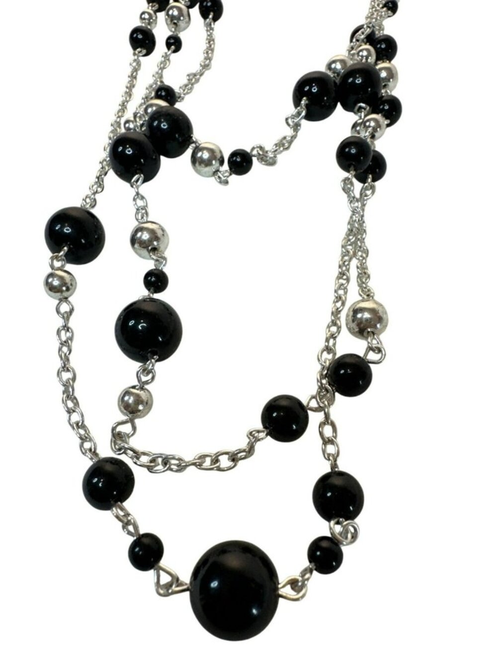 Black Silver Necklace Multi-Strand Beaded Chunky Beads Layered Career Statement